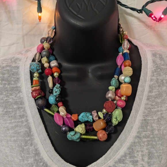 Multicolor 3 Strands Vintage Glass Beaded Necklace - Picture 2 of 6